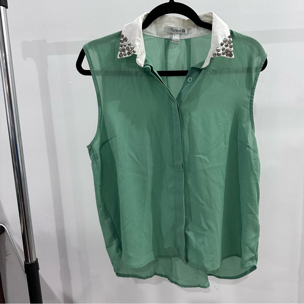 Forever 21 Mint Green Sheer Blouse with Embellished Collar